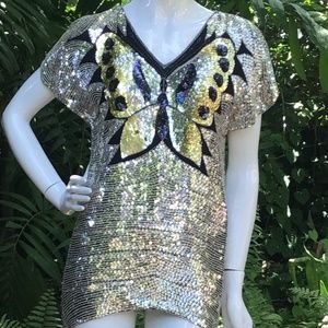 Vintage 80s butterfly sequins silk top